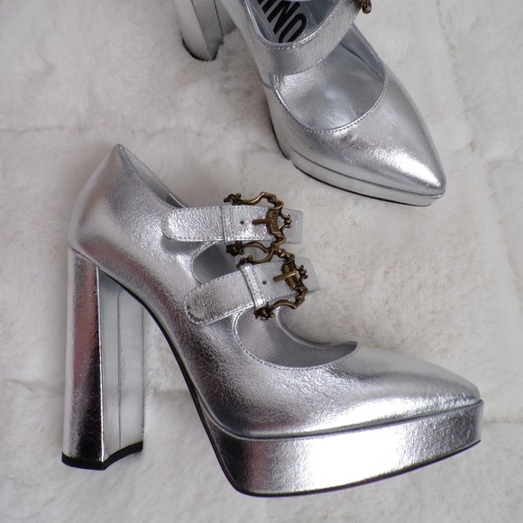 Moschino Metallic Crackle Leather Ornate Buckle Block Heel Platform Pump Lux NIB - Picture 9 of 16